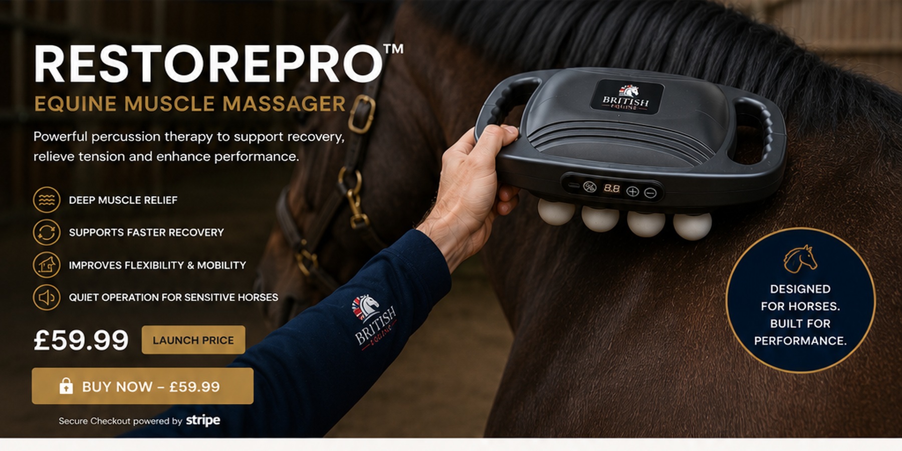 RestorePro eight-head massage device being used on a horse